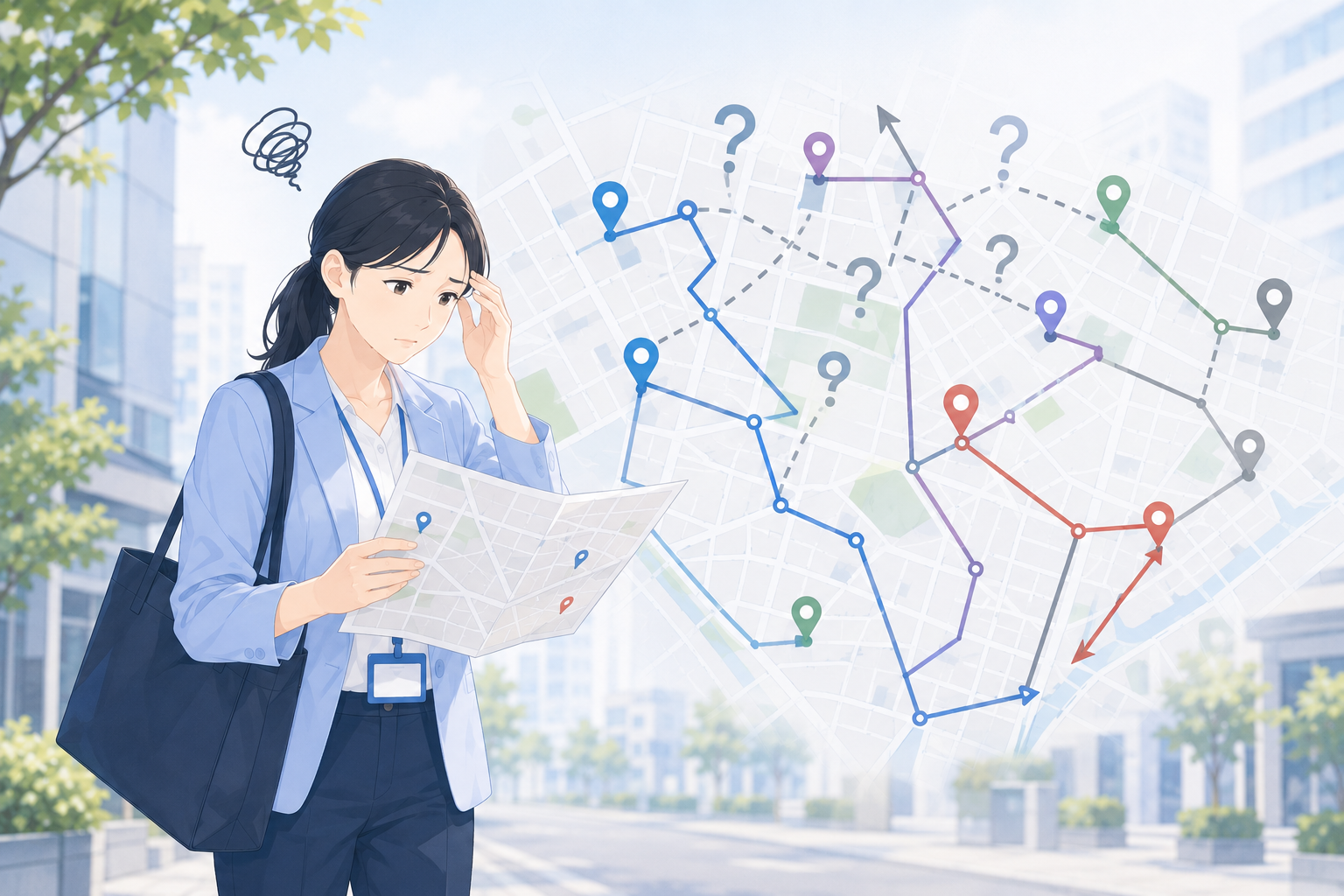 紙の地図を前に、訪問ルートや優先順位に悩む営業担当者のイラスト