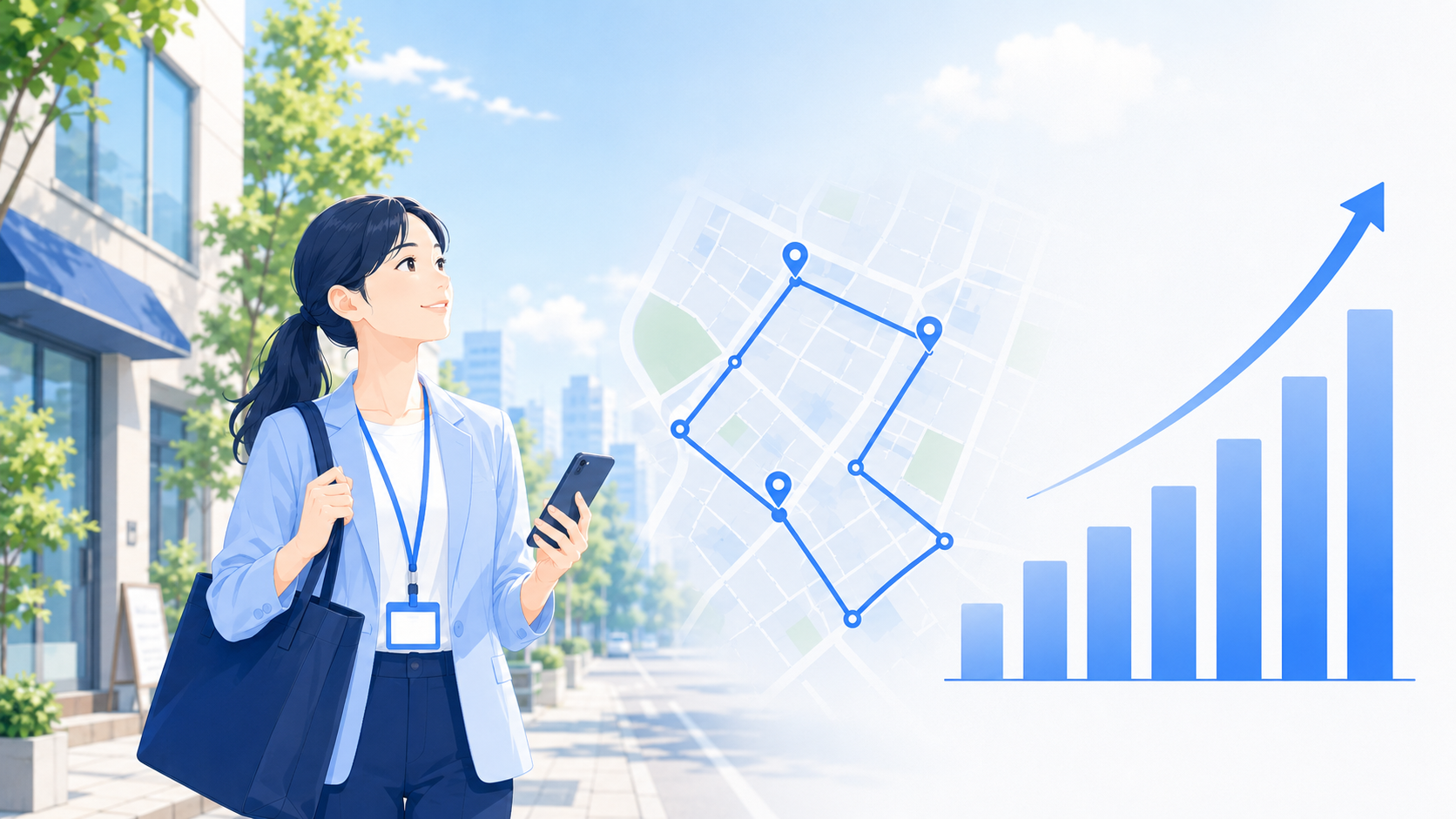 スマートフォンで営業先・訪問ルート・成果を見ながら地域営業を進めるイメージ